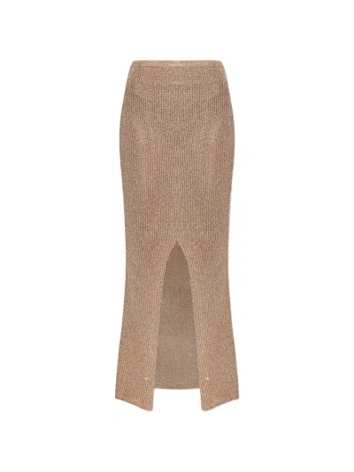 Paramidonna Crochet Slit Skirt In Brown