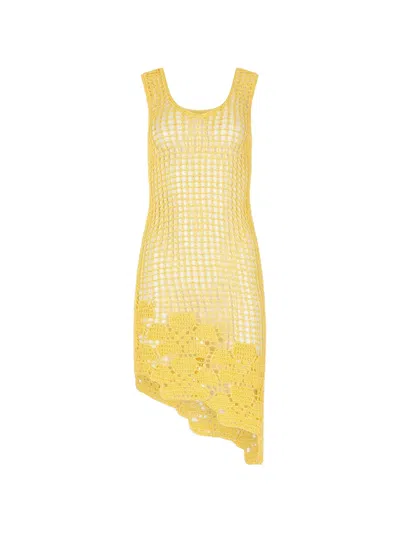 Paramidonna Leila Asymmetric Crochet Midi Dress In Yellow
