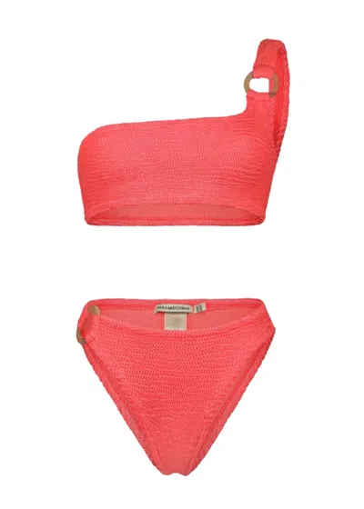 Paramidonna Stassie Bikini Set In Coral Pink | One Size Designer Crinkle Swimwear | One Shoulder Square Neck Top