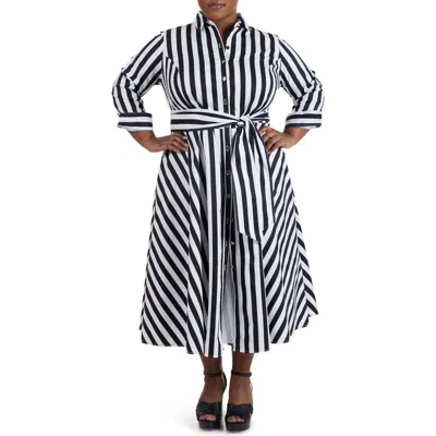 Pari Passu Stripe Long Sleeve Cotton Poplin Shirtdress In Black/white