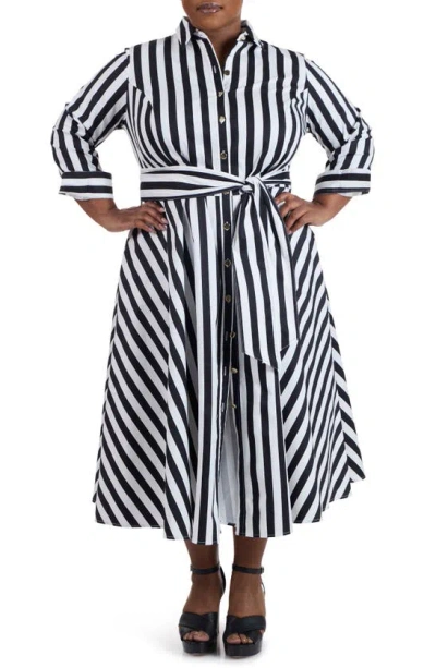 Pari Passu Stripe Long Sleeve Cotton Poplin Shirtdress In Black White