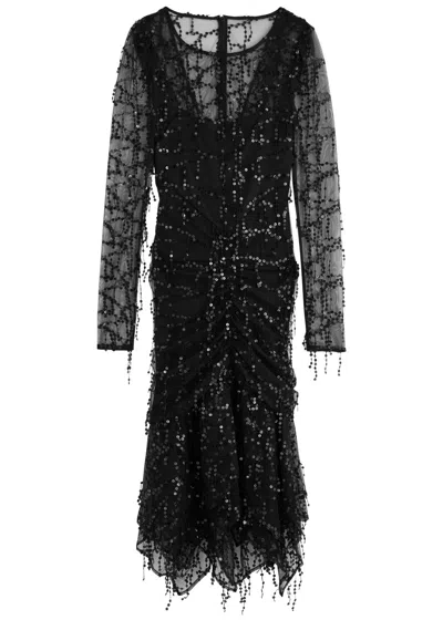 Paris Georgia Bianca Fringed Tulle Midi Dress In Black