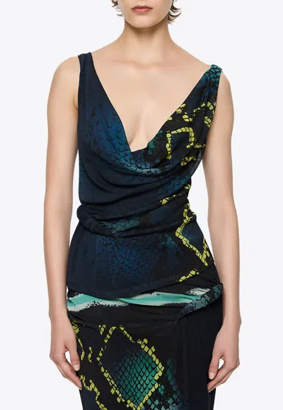 Paris Georgia Croissant Snakeskin Draped Top In Blue