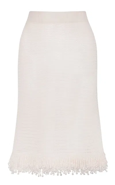 Paris Georgia Fringed Knit Cotton Midi Skirt In White
