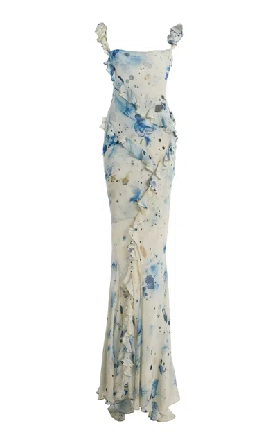 Paris Georgia Romantic Ruffled Silk Maxi Dress In Blue