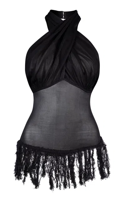Paris Georgia Romeo Knitted Fringed Top In Black