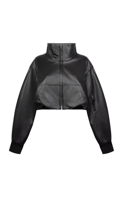 Shop Paris Georgia Seb Cropped Leather Bomber Jacket In Black