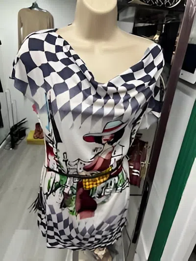 Paris Paris Women's Belted Cowl Neck Tunic Top In Lady Chic Navy In Multi