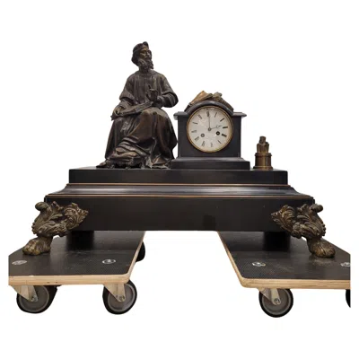 Pre-owned Paris Studio Napoleon Iii Mantel Clock In Black Marble And Bronce Philosopher Sculture