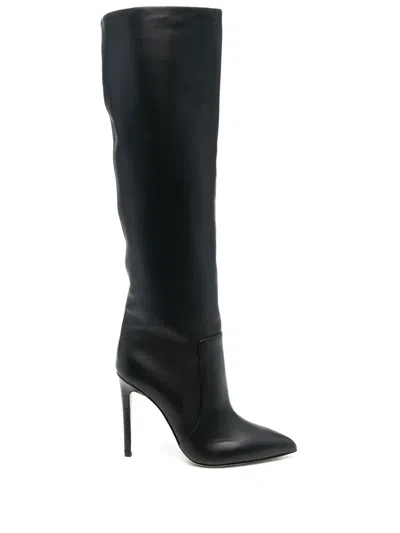 Paris Texas Arrow Toe Stiletto Boots In Black Leather In Animal Print