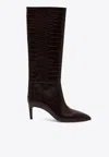 Paris Texas Stiletto Croc-effect Trimmed Leather Knee Boots In Brown