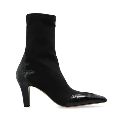 Paris Texas Belle Western Ankle Boots In Stretch Knit And Crocodile Print Leather In Black
