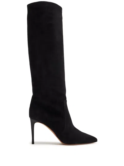 Paris Texas Arrow Toe Stiletto Boots In Black Leather In Animal Print