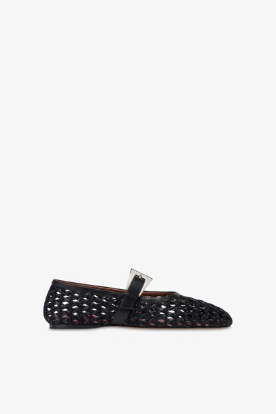 PARIS TEXAS BALLET FLATS IN BLACK RAFFIA AND LEATHER