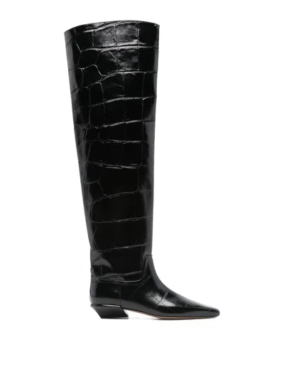 Paris Texas Crocodile-effect Knee-high Boots With Sleek Silhouette And Pointed Toe In Black