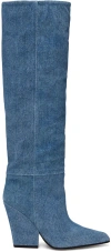 Paris Texas Jane Denim Effect Suede Knee Boots In Medium Wash