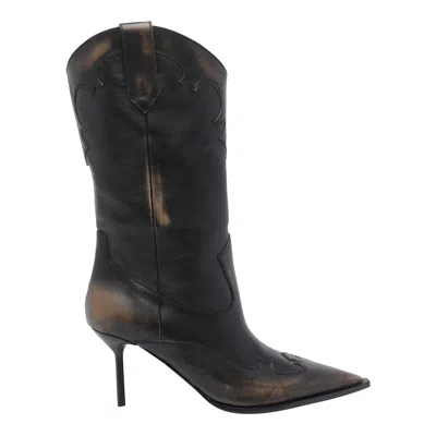 Paris Texas Western Style Mid-calf Leather Stiletto Boots In Brown