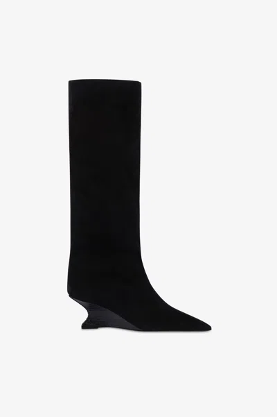 Paris Texas Boots In Black Calf Suede Leather With Lizard Print Leather Heel