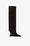 Paris Texas Boots In Chocolate Calf Suede Leather With Lizard Print Leather Heel