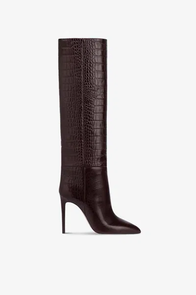 Paris Texas Pointed Knee-high Boots In Rouge Noir Soft Croco-embossed Leather