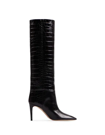 Paris Texas Charcoal Leather Stiletto Boots With Crocodile Print In Carbone