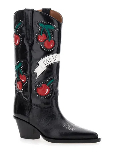 Paris Texas 'cherry Blossom' Black Ankle Boots With All-over Cherry Embroidery In Leather Woman