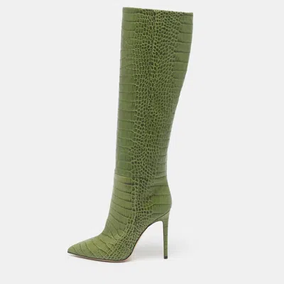 Pre-owned Paris Texas Cizme Size 39 Green Croc Embossed Leather Knee Length Boots
