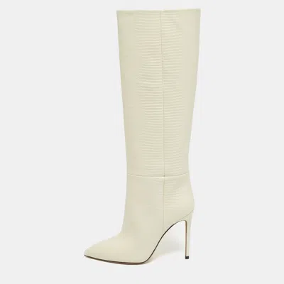 Pre-owned Paris Texas Cream Lizard Embossed Leather Knee Length Boots Size 39 In White