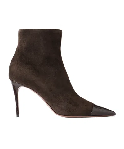 Paris Texas Vera 85 Croc-effect Leather-trimmed Suede Ankle Boots In Brown