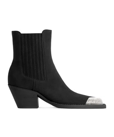 Paris Texas Suede Western Ankle Boot With Metal Toe Cap In Black