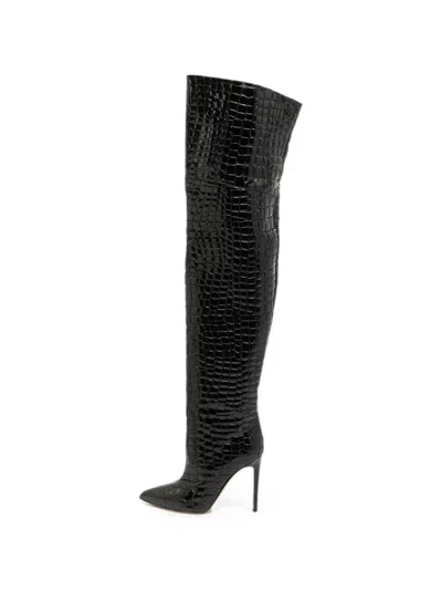Pre-owned Paris Texas Deia Croc-embossed Over-the-knee Boots In Black