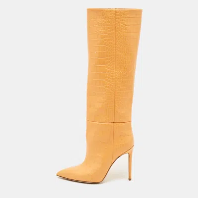 Pre-owned Paris Texas Deia Size 38 Orange Croc Embossed Leather Knee Length Boots