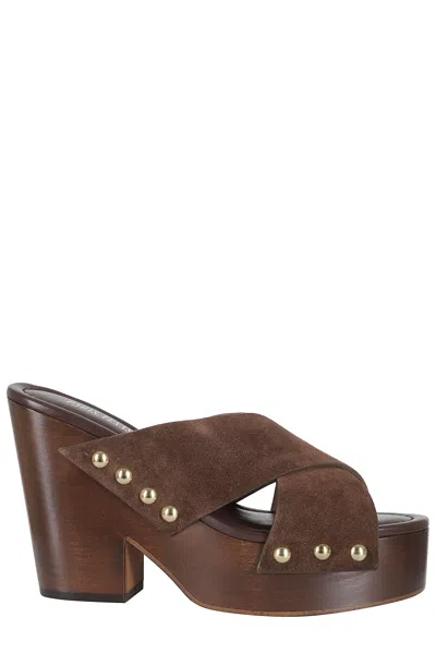 Paris Texas Ebony Marisol Decorative Studs High Heel Leather Mules In Brown