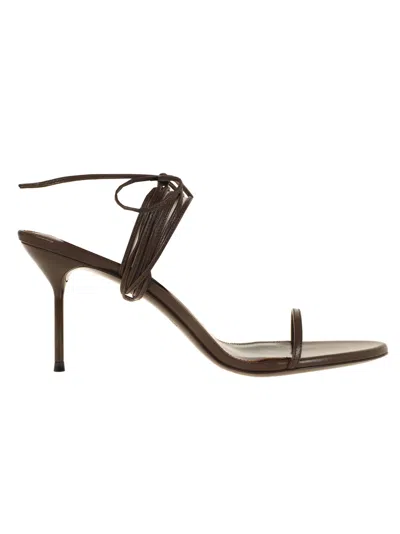 Paris Texas Elegant Mini Ankle Tie Sandals With Stiletto Heel In Brown