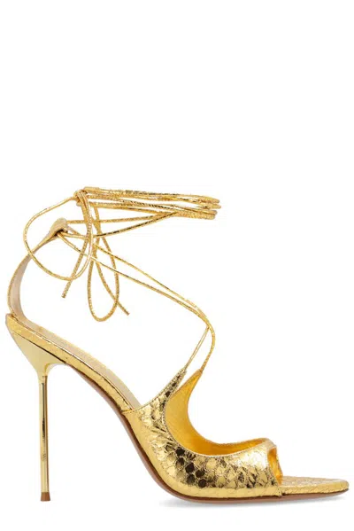 Paris Texas Embossed Ankle Strap Heeled Sandals In Gold