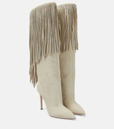Paris Texas Fringed Embellished Suede Knee-high Boots In Moonstone