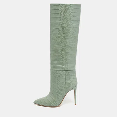 Pre-owned Paris Texas Green Croc Embossed Leather Knee Length Boots Size 39