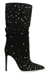 Paris Texas Suede Crystal Holly Stiletto Slpouchy Boot Heel In Black