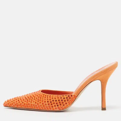Pre-owned Paris Texas Hollywood Crystal Embellished Size 38.5 Orange Suede Mules