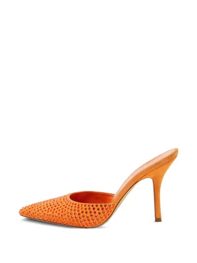 Pre-owned Paris Texas Hollywood Crystal-embellished Suede Heeled Mules In Orange