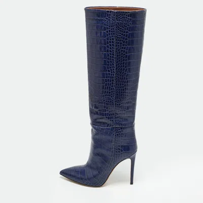 Pre-owned Paris Texas Indaco Size 38.5 Navy Blue Croc Embossed Leather Knee Length Boots