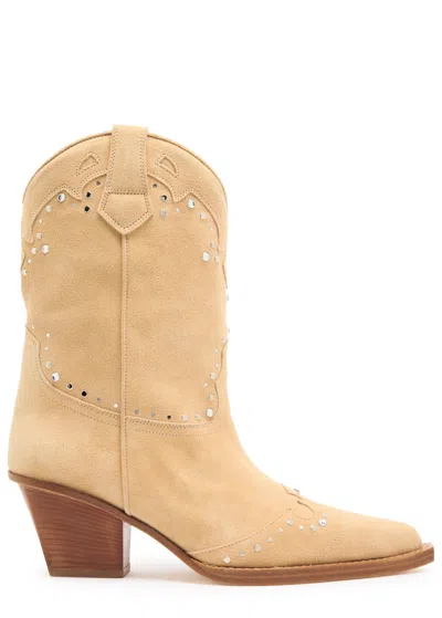 Paris Texas Janice 60 Crystal-embellished Suede Mid-calf Boots In Ecru