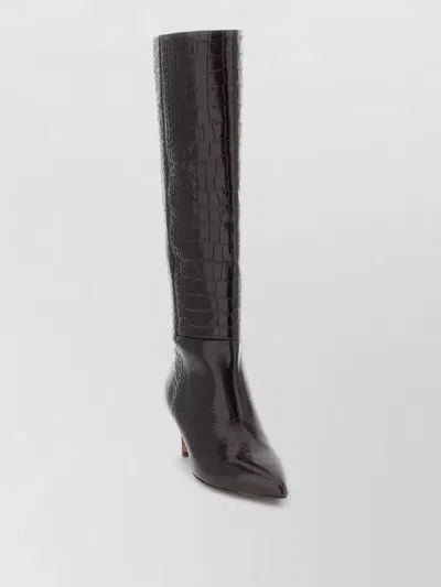 Paris Texas Knee High Stiletto Boots Crocodile Texture Pointed In Black