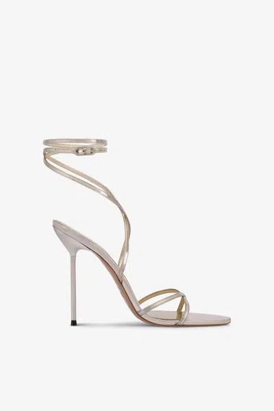 Paris Texas Lace-up Sandals In Platinum Mirror-effect Leather In Brown