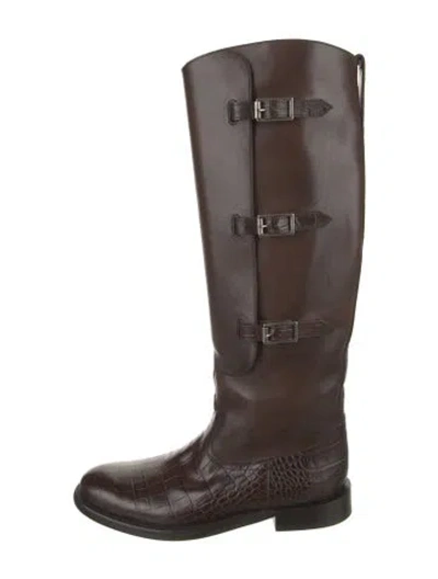 Pre-owned Paris Texas Leather Animal Print Riding Boots In Brown