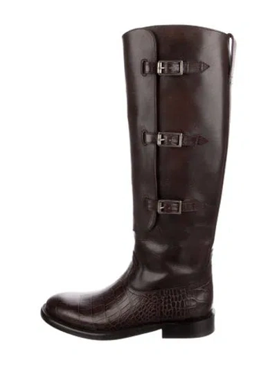 Pre-owned Paris Texas Leather Animal Print Riding Boots In Brown
