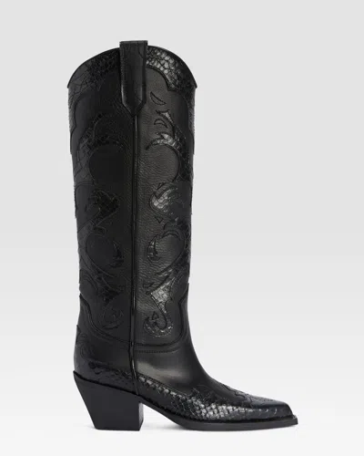 Paris Texas Leather Western Boot With Python-print Embroidery In Black