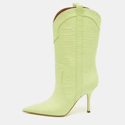 Pre-owned Paris Texas Lime Green Croc Embossed Leather Paloma Mid Calf Boots Size 38