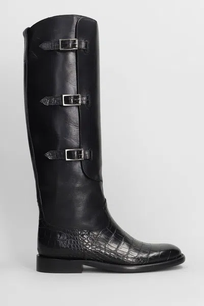 Paris Texas Montana Buckle Boot Low Heels Boots In Black Leather In Animal Print