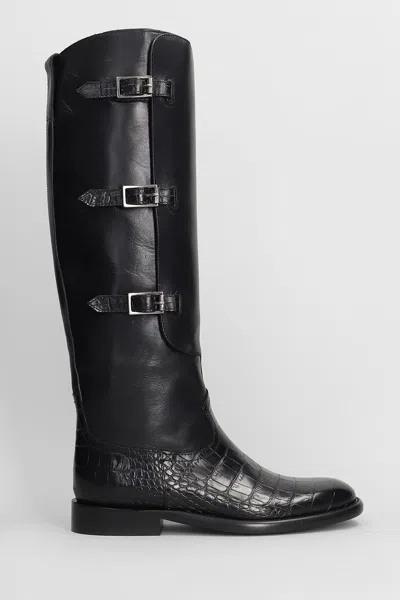 Paris Texas Montana Buckle Boot Low Heels Boots In Black Leather In Animal Print